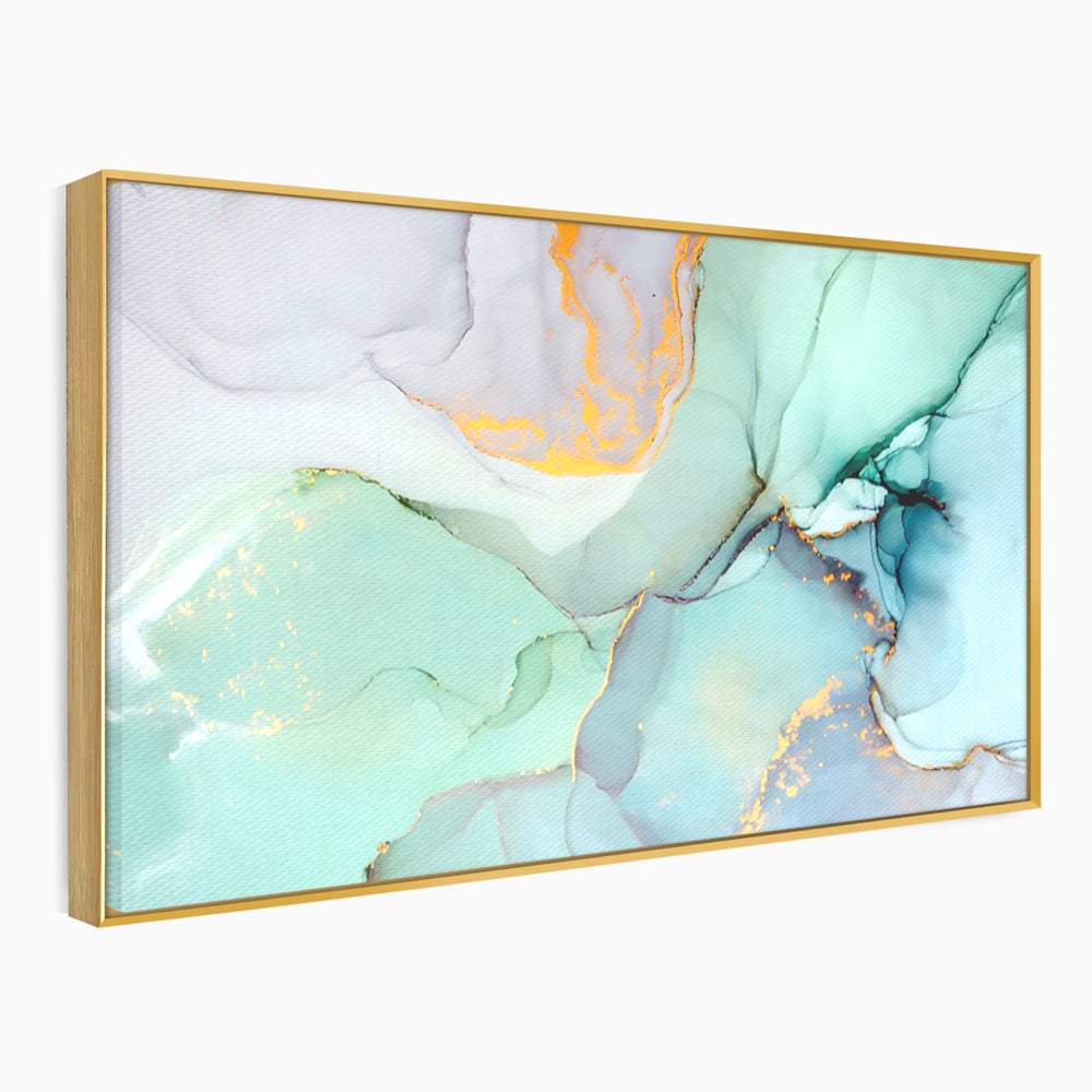 Tablou canvas cu pictura abstracta cu efect de marmura colorata, in rama de aluminiu auriu